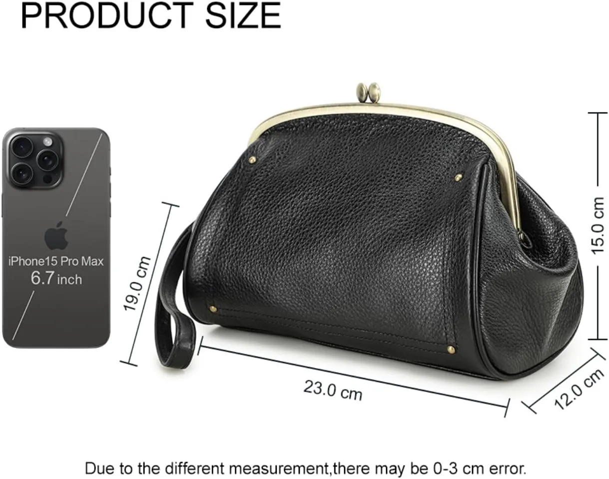 Cosmetic Bag for Woman, Kiss Lock Clutch Bag Genuine Leather Evening Bag Kiss Clasp Wrist Wallet Vitange Handbag (BLACK)