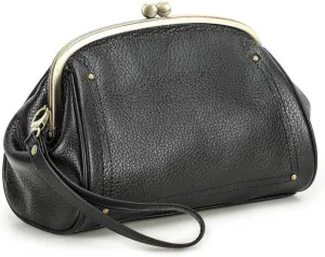 Cosmetic Bag for Woman, Kiss Lock Clutch Bag Genuine Leather Evening Bag Kiss Clasp Wrist Wallet Vitange Handbag (BLACK)