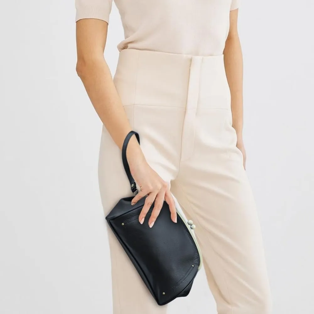 Cosmetic Bag for Woman, Kiss Lock Clutch Bag Genuine Leather Evening Bag Kiss Clasp Wrist Wallet Vitange Handbag (BLACK)
