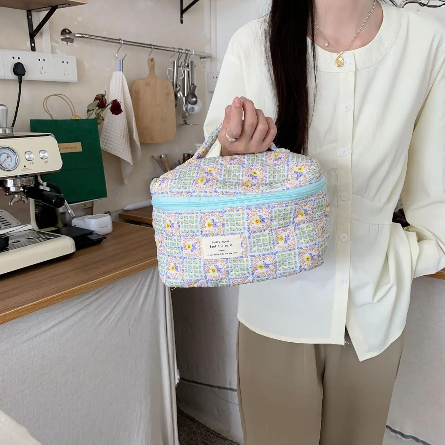 Cosmetic Bags for Women, Cute Floral Makeup Bag, Organizer Storage Make Up Bag, Travel Toiletry Bags, Handbags Purses (Grid/Big)
