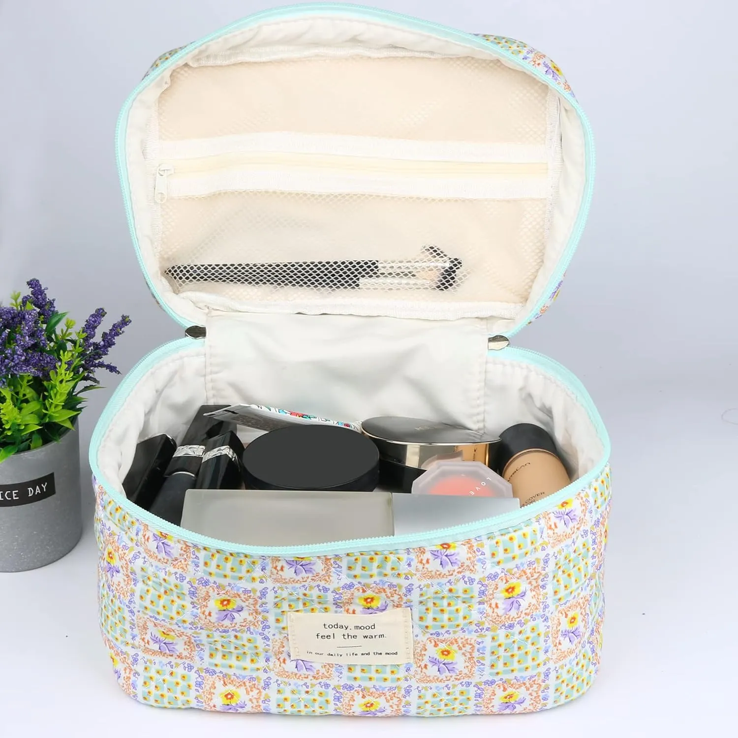 Cosmetic Bags for Women, Cute Floral Makeup Bag, Organizer Storage Make Up Bag, Travel Toiletry Bags, Handbags Purses (Grid/Big)