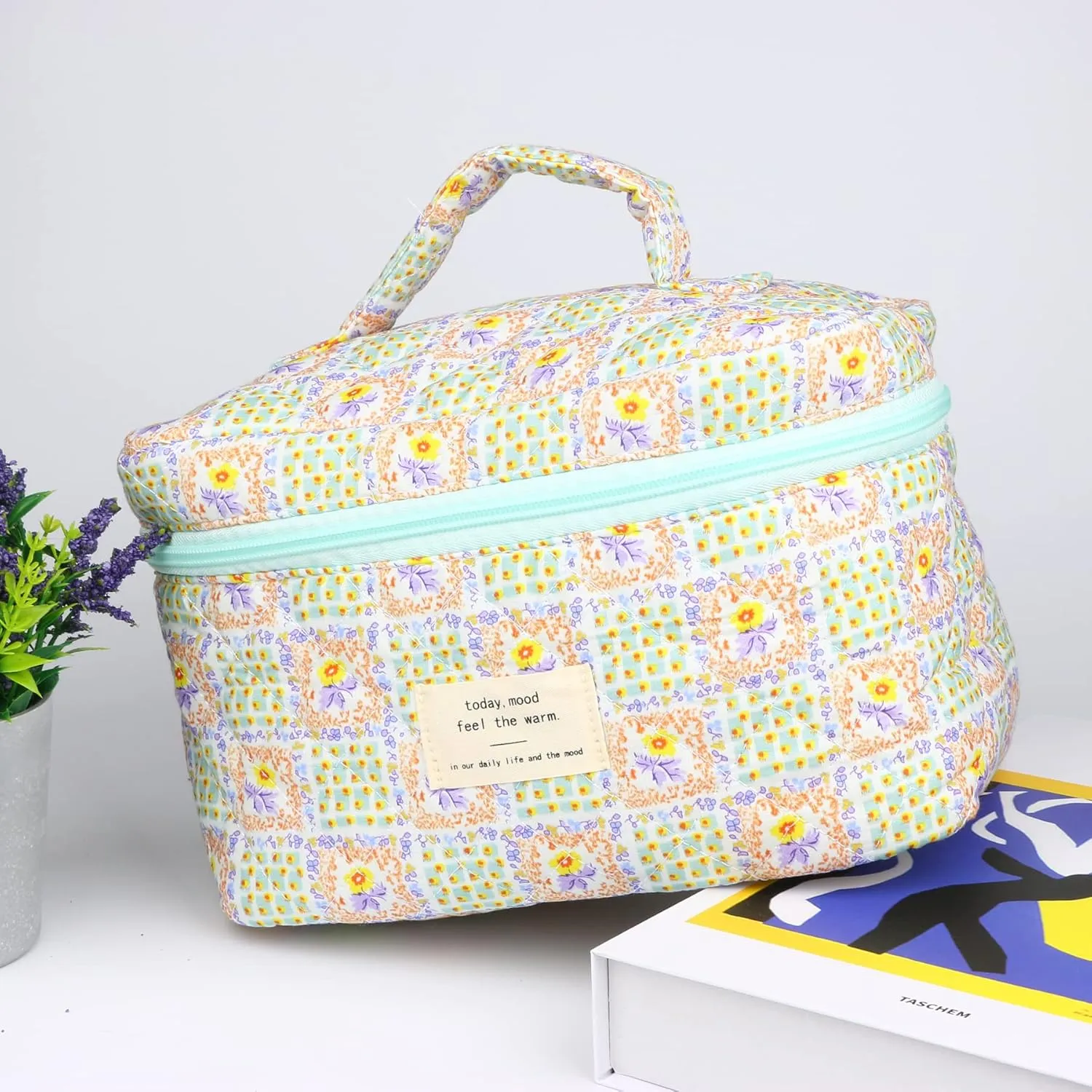 Cosmetic Bags for Women, Cute Floral Makeup Bag, Organizer Storage Make Up Bag, Travel Toiletry Bags, Handbags Purses (Grid/Big)