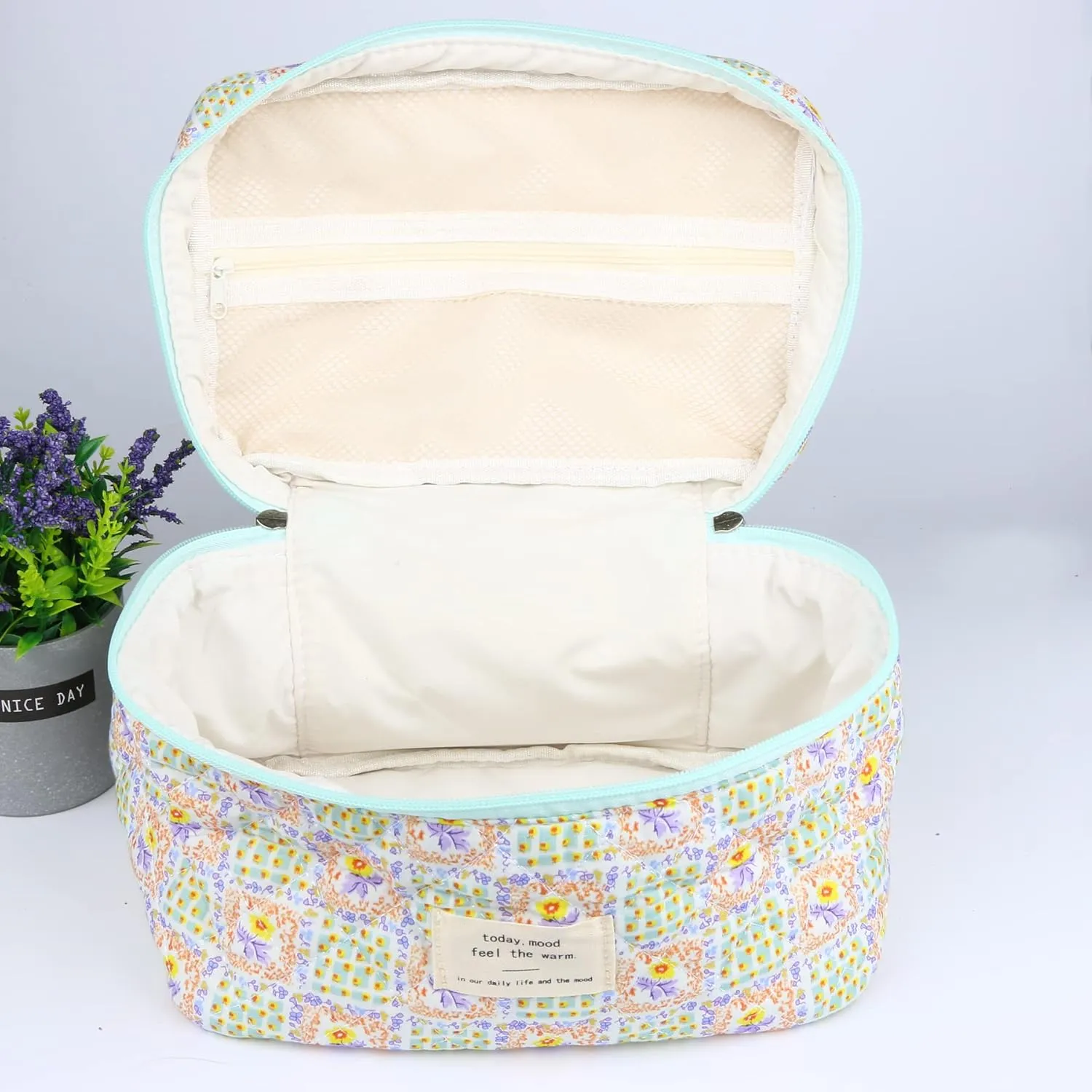 Cosmetic Bags for Women, Cute Floral Makeup Bag, Organizer Storage Make Up Bag, Travel Toiletry Bags, Handbags Purses (Grid/Big)