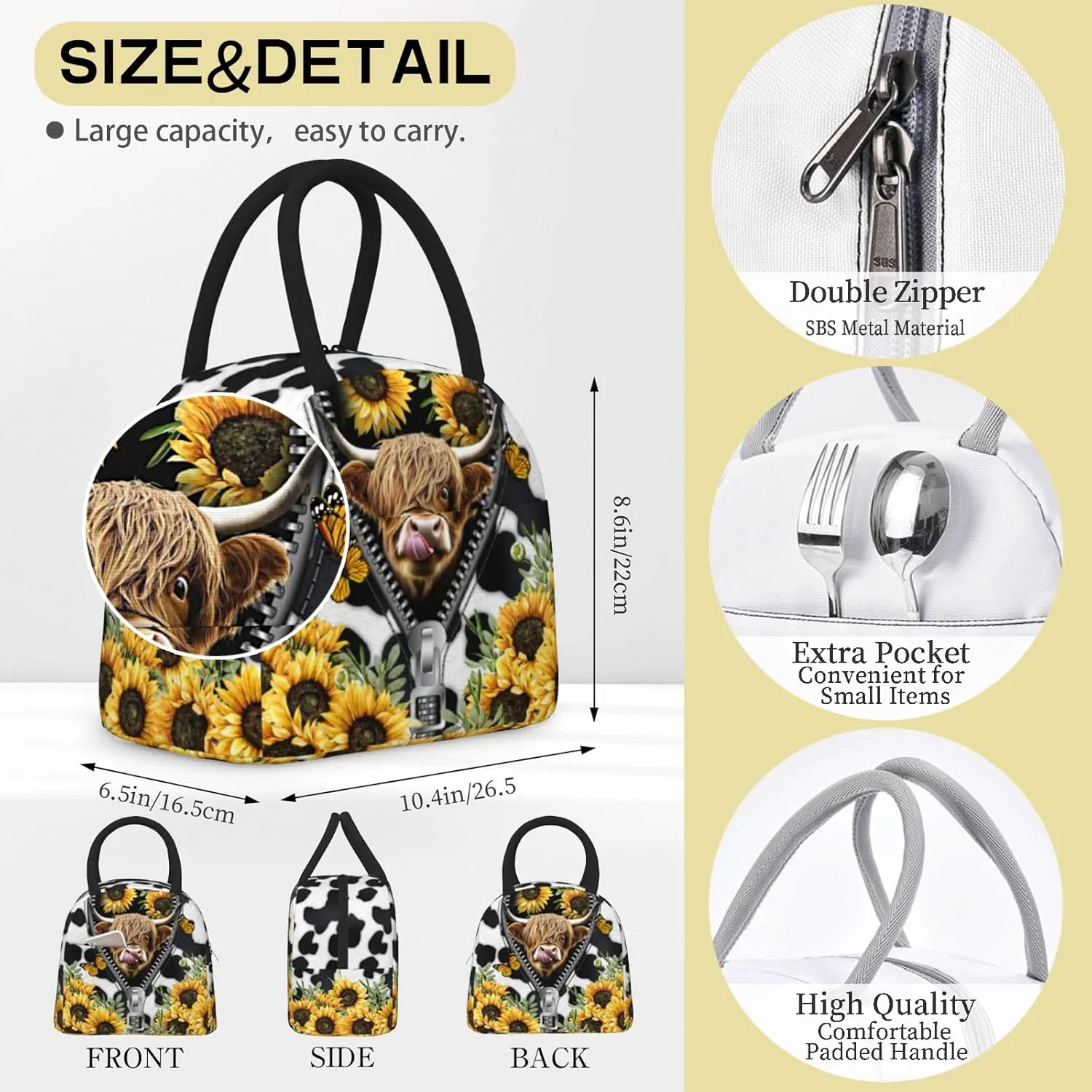 Cow Print Lunch Box Western Highland Cow Lunch Bag for Women Insulated Cows Print Lunchbox Cooler Reusable Large Containers Tote Bag For Women Men Work Office Travel Picnic