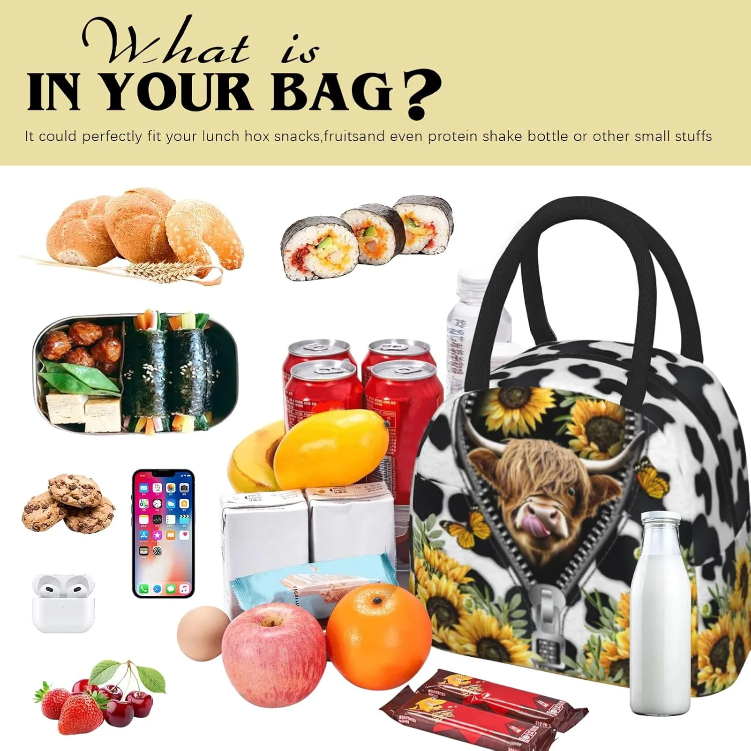 Cow Print Lunch Box Western Highland Cow Lunch Bag for Women Insulated Cows Print Lunchbox Cooler Reusable Large Containers Tote Bag For Women Men Work Office Travel Picnic