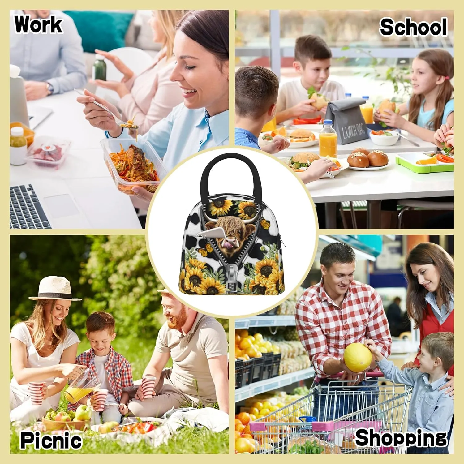 Cow Print Lunch Box Western Highland Cow Lunch Bag for Women Insulated Cows Print Lunchbox Cooler Reusable Large Containers Tote Bag For Women Men Work Office Travel Picnic