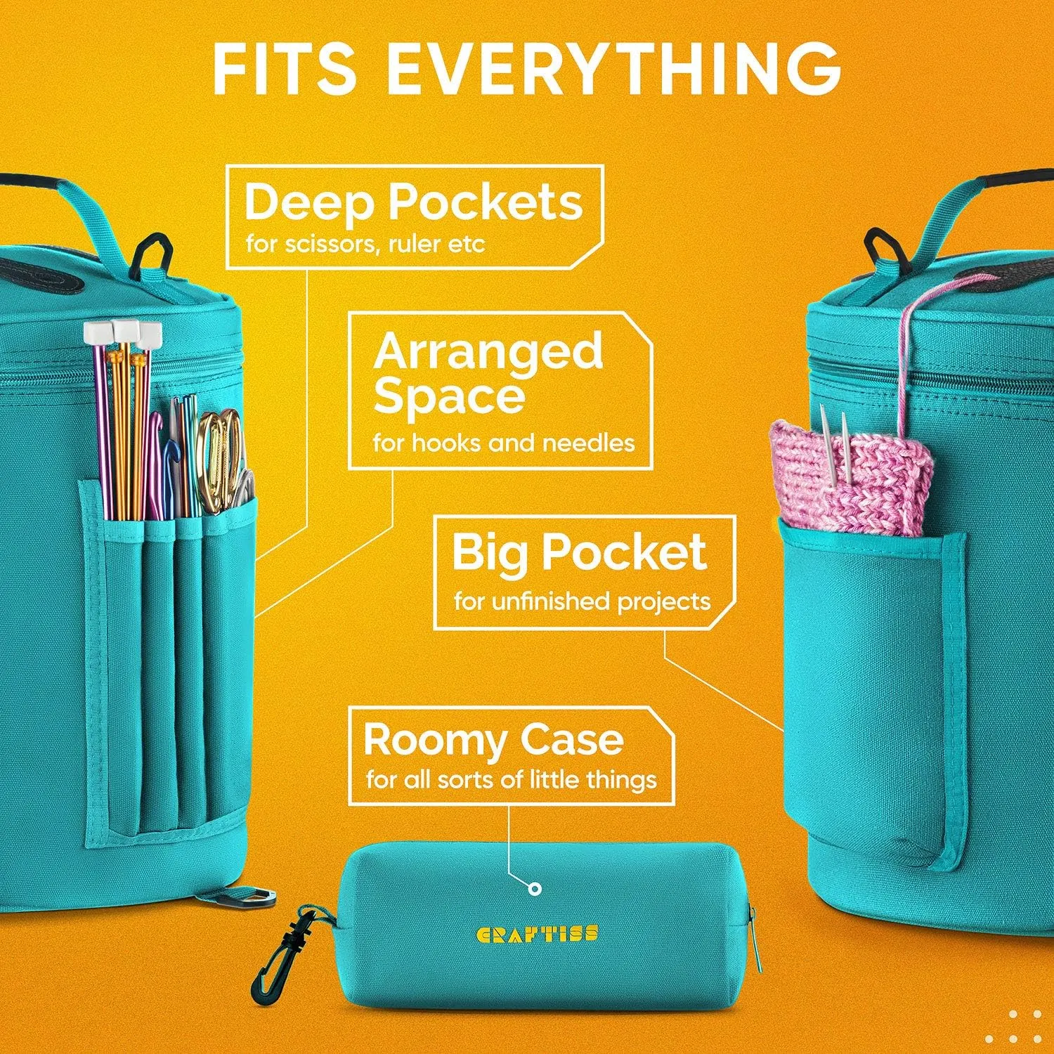 CRAFTISS Knitting Bag Yarn Storage - Mother's Day Gift - Best Durable Canvas Yarn Bag for Crochet Accessories - Yarn Organizer Crochet Bag with Knitting Accessories Case