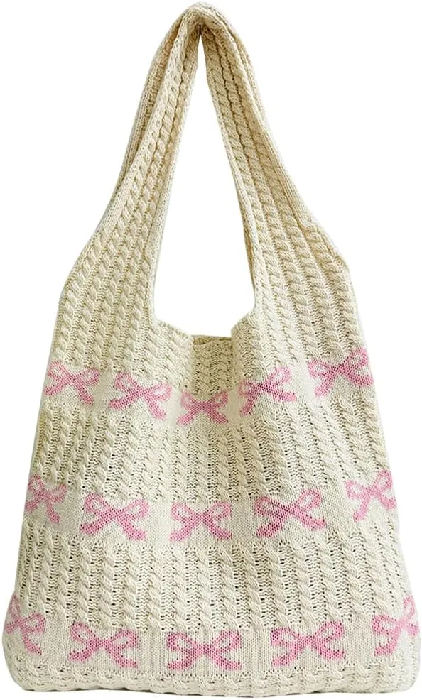 Crochet Tote Bag Y2k Bow Purse for Women Coquette Aesthetic Hobo Bag Cute Shoulder Handbag Knitted Tote Bow Printed Bag