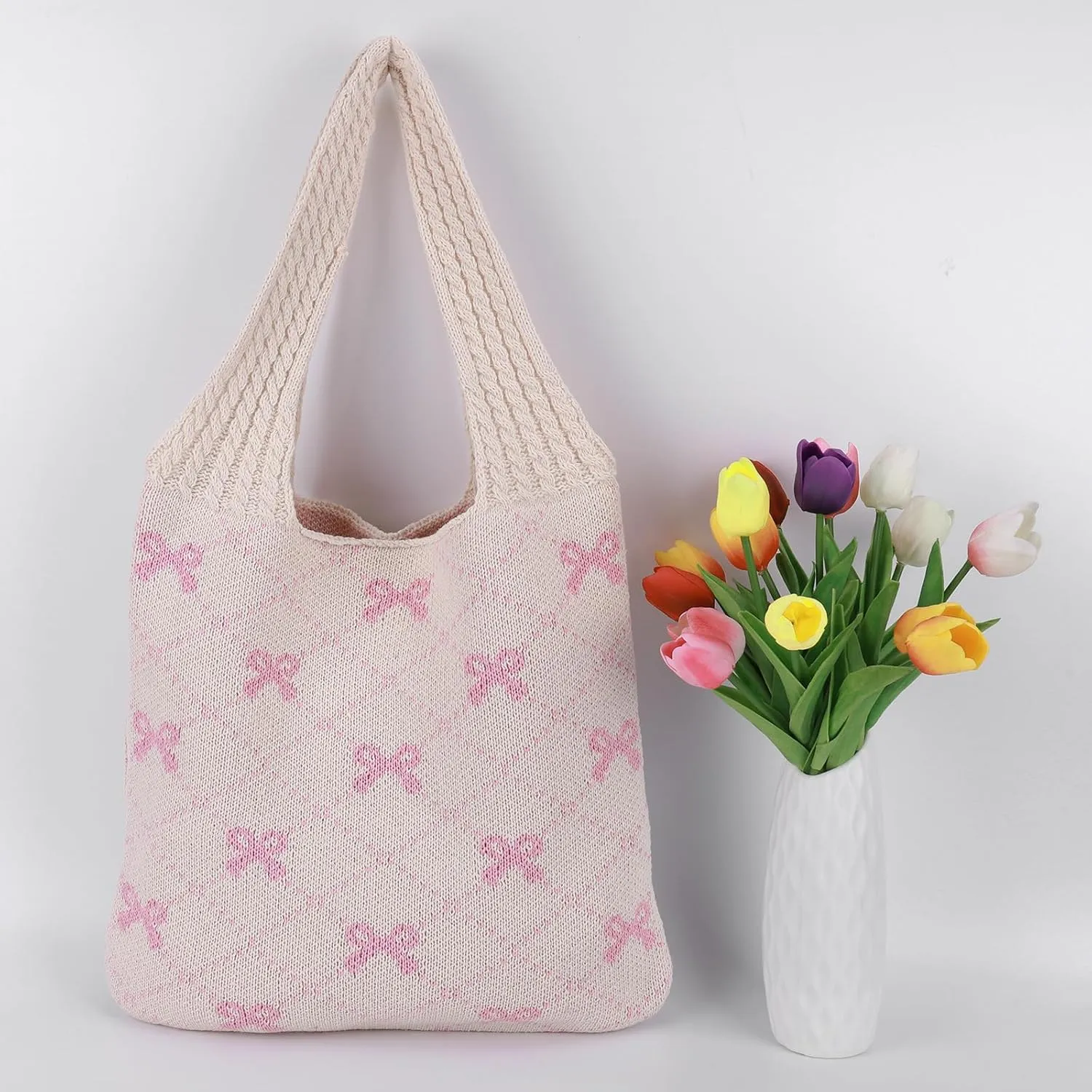 Crochet Tote Bag Y2k Bow Purse for Women Coquette Aesthetic Hobo Bag Cute Shoulder Handbag Knitted Tote Bow Printed Bag