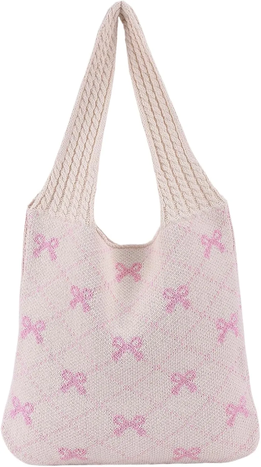 Crochet Tote Bag Y2k Bow Purse for Women Coquette Aesthetic Hobo Bag Cute Shoulder Handbag Knitted Tote Bow Printed Bag