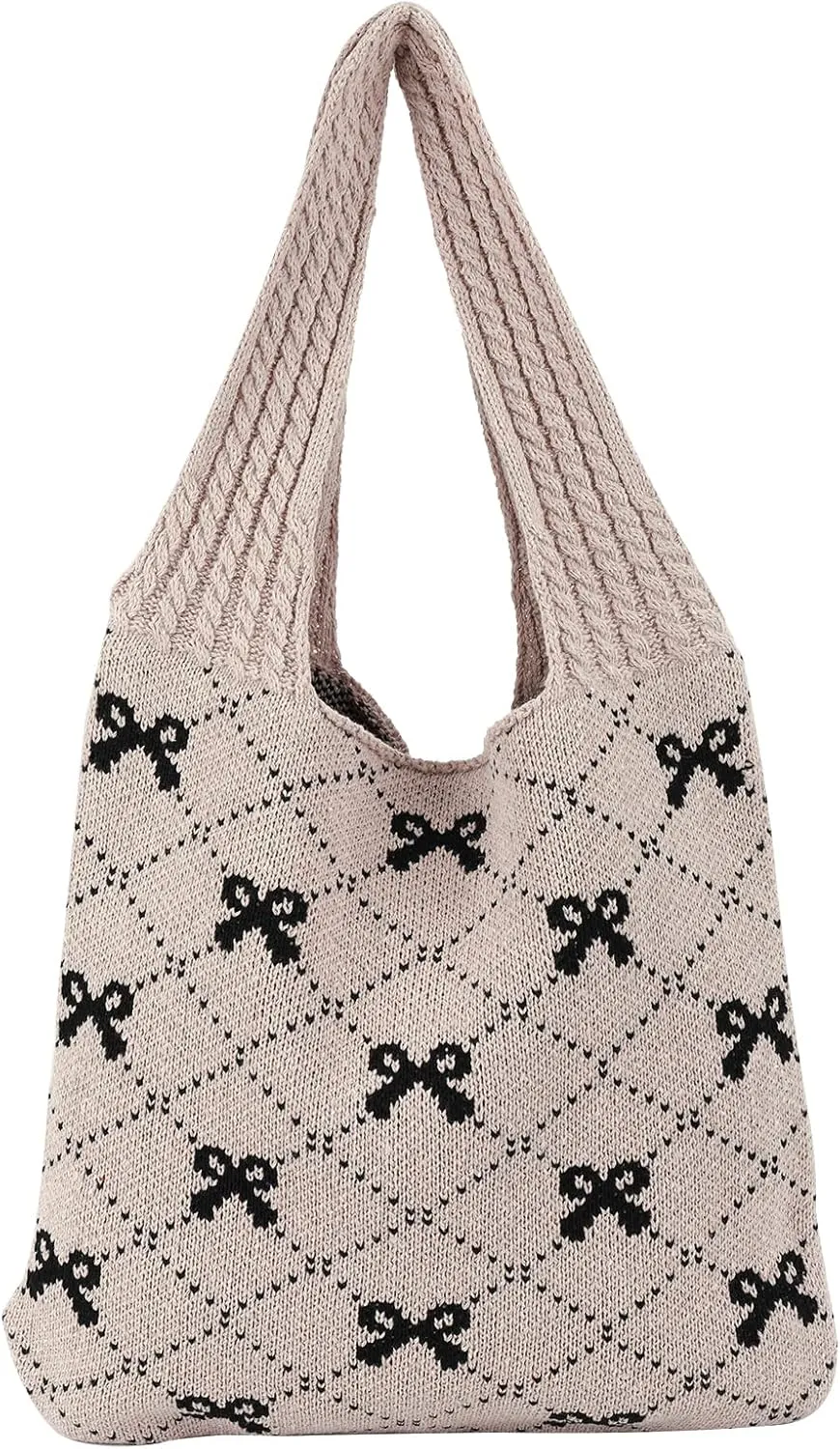 Crochet Tote Bag Y2k Bow Purse for Women Coquette Aesthetic Hobo Bag Cute Shoulder Handbag Knitted Tote Bow Printed Bag