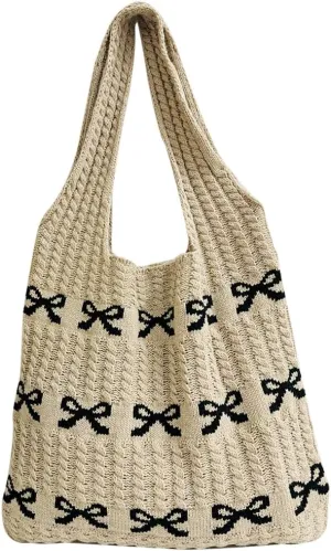 Crochet Tote Bag Y2k Bow Purse for Women Coquette Aesthetic Hobo Bag Cute Shoulder Handbag Knitted Tote Bow Printed Bag