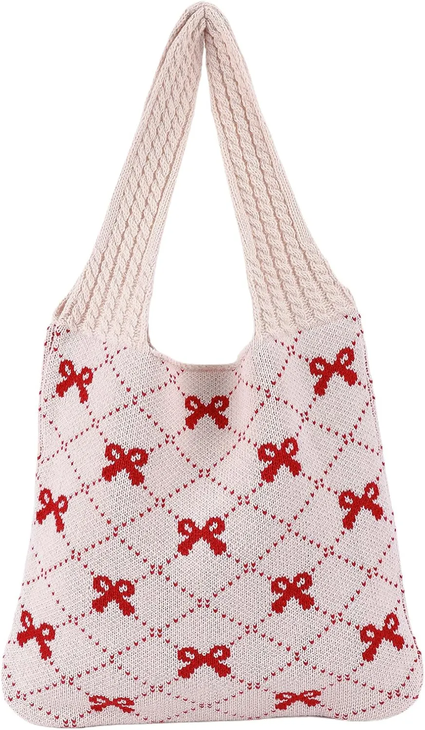 Crochet Tote Bag Y2k Bow Purse for Women Coquette Aesthetic Hobo Bag Cute Shoulder Handbag Knitted Tote Bow Printed Bag