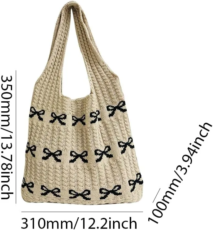 Crochet Tote Bag Y2k Bow Purse for Women Coquette Aesthetic Hobo Bag Cute Shoulder Handbag Knitted Tote Bow Printed Bag