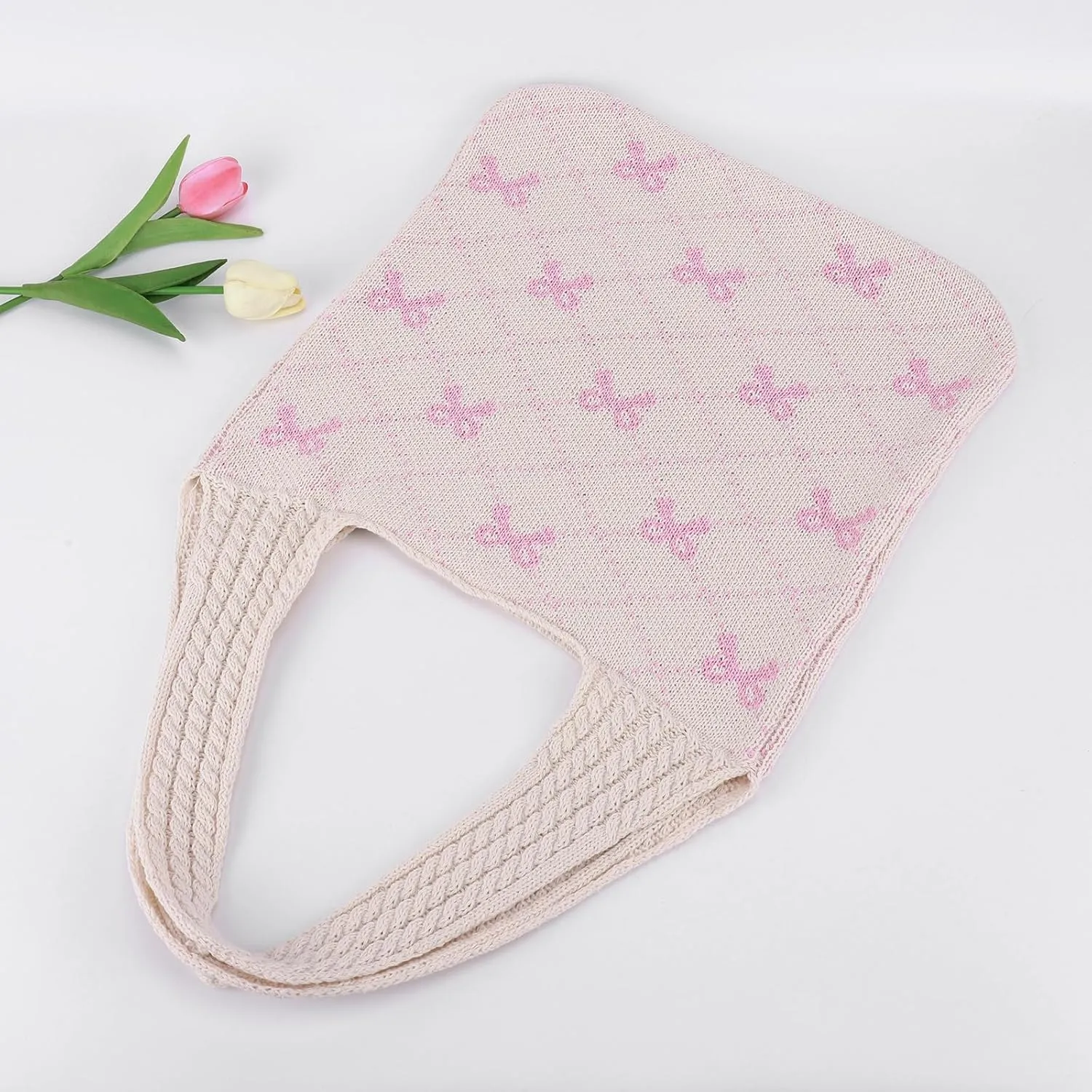 Crochet Tote Bag Y2k Bow Purse for Women Coquette Aesthetic Hobo Bag Cute Shoulder Handbag Knitted Tote Bow Printed Bag