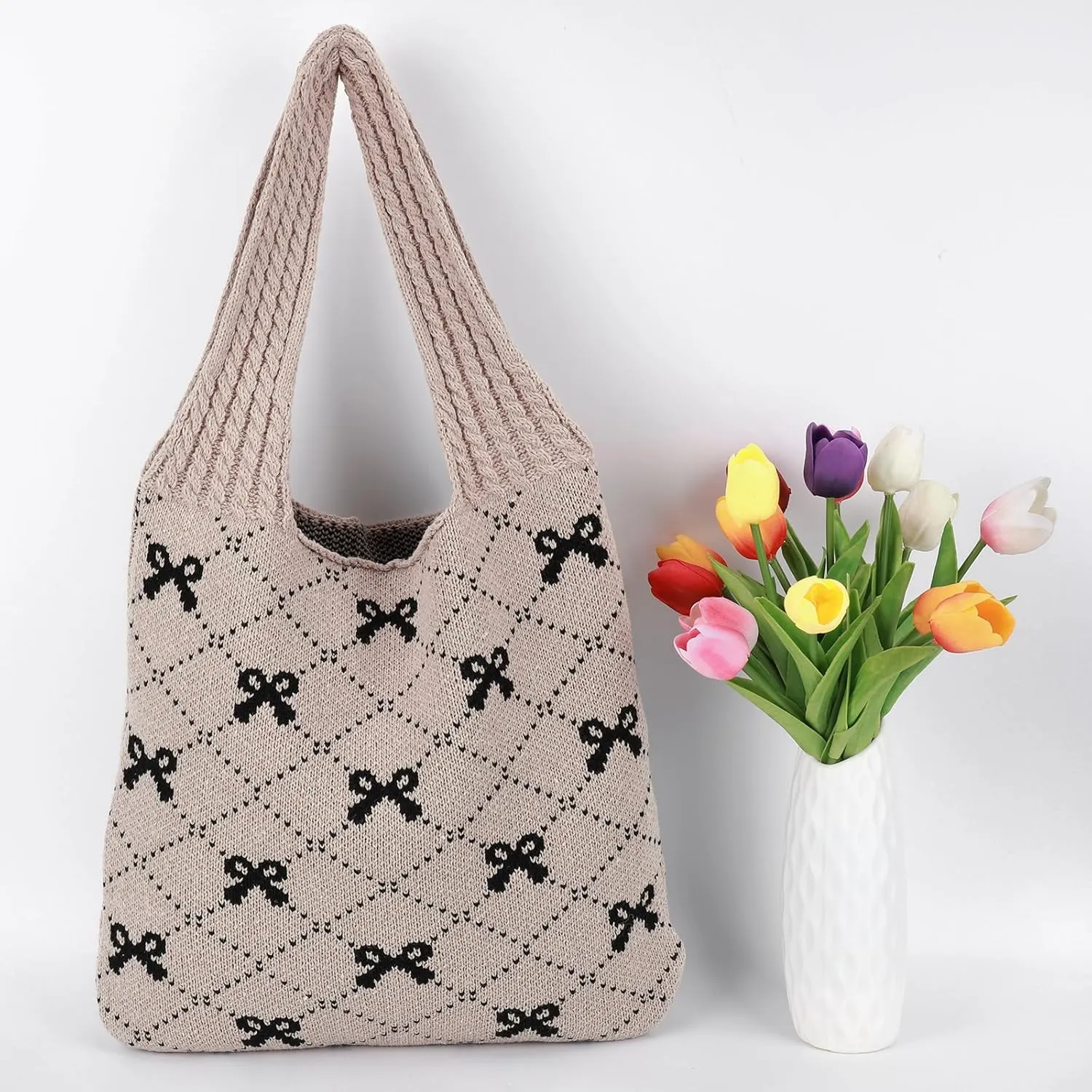 Crochet Tote Bag Y2k Bow Purse for Women Coquette Aesthetic Hobo Bag Cute Shoulder Handbag Knitted Tote Bow Printed Bag