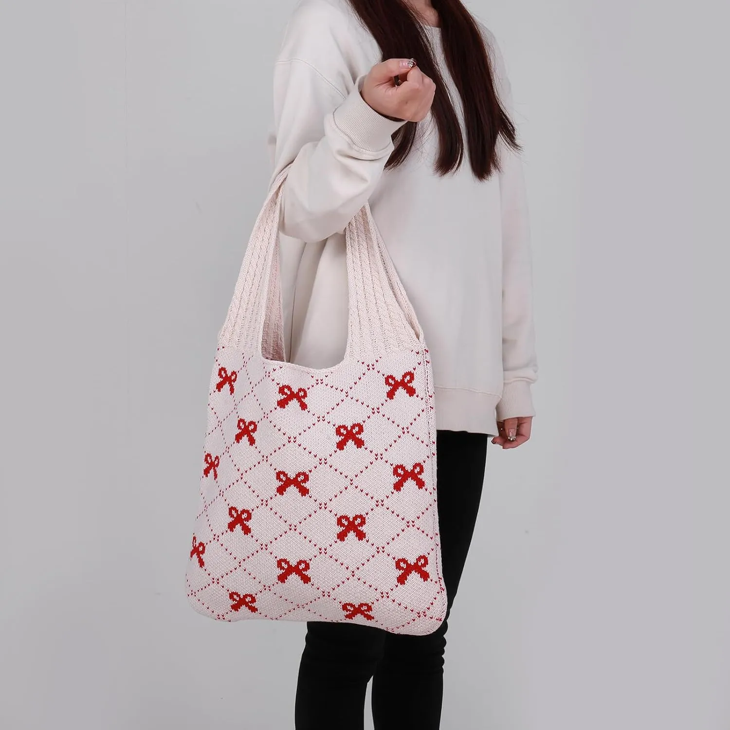 Crochet Tote Bag Y2k Bow Purse for Women Coquette Aesthetic Hobo Bag Cute Shoulder Handbag Knitted Tote Bow Printed Bag