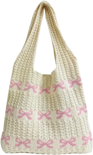 Crochet Tote Bag Y2k Bow Purse for Women Coquette Aesthetic Hobo Bag Cute Shoulder Handbag Knitted Tote Bow Printed Bag