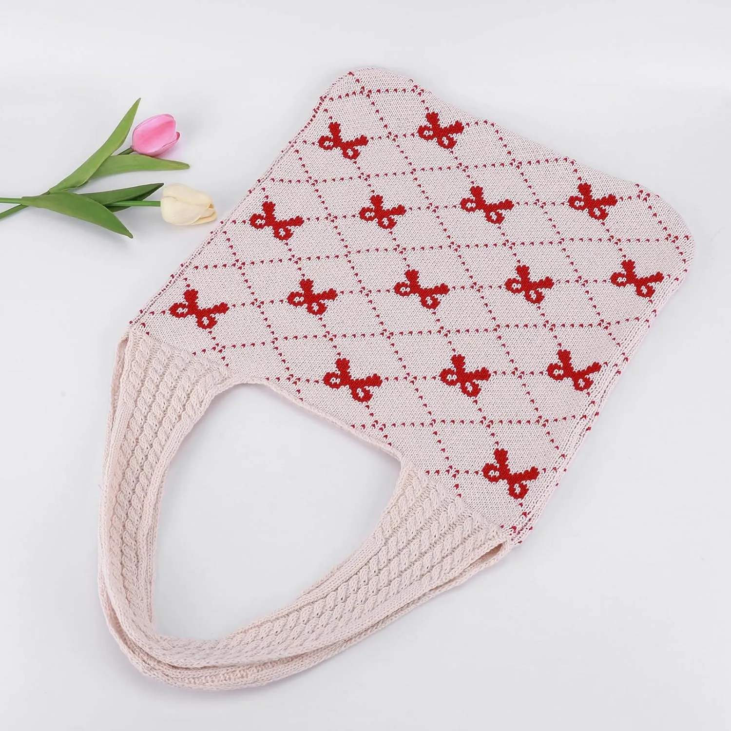 Crochet Tote Bag Y2k Bow Purse for Women Coquette Aesthetic Hobo Bag Cute Shoulder Handbag Knitted Tote Bow Printed Bag