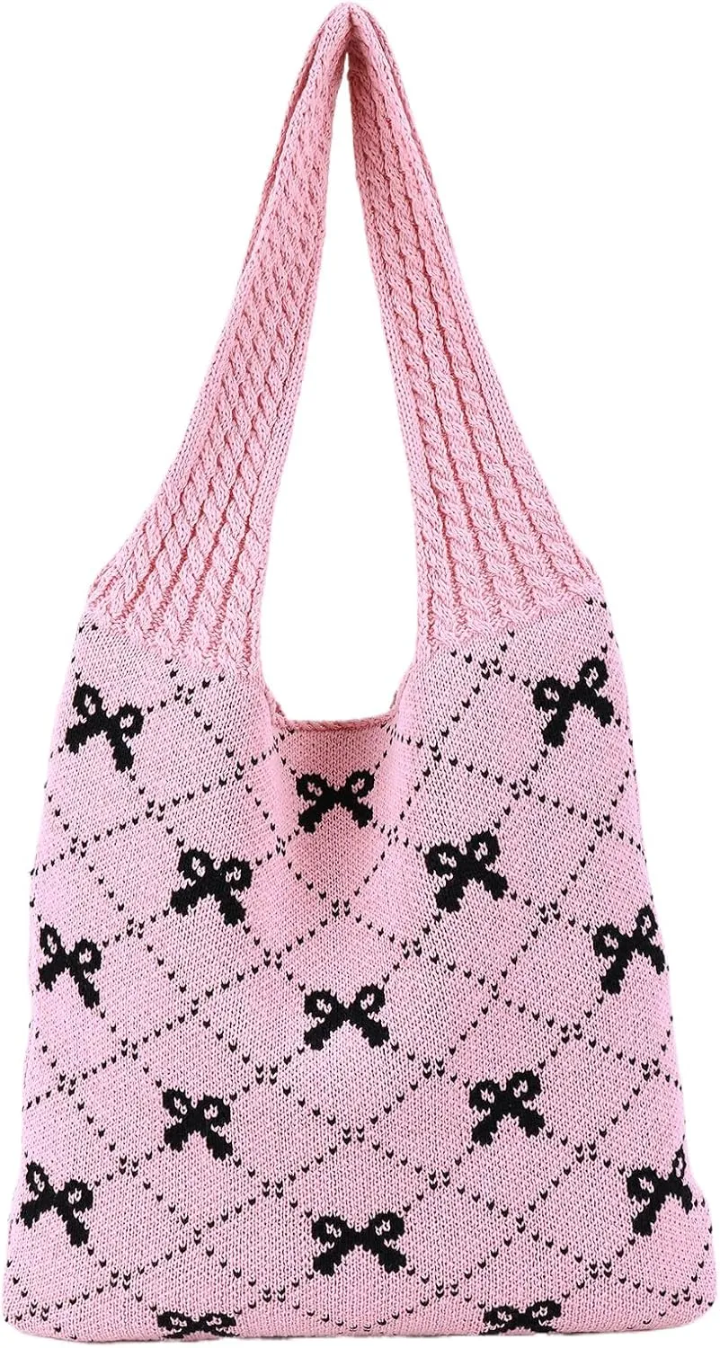 Crochet Tote Bag Y2k Bow Purse for Women Coquette Aesthetic Hobo Bag Cute Shoulder Handbag Knitted Tote Bow Printed Bag