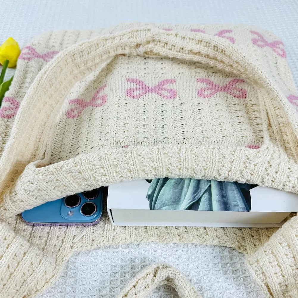 Crochet Tote Bag Y2k Bow Purse for Women Coquette Aesthetic Hobo Bag Cute Shoulder Handbag Knitted Tote Bow Printed Bag