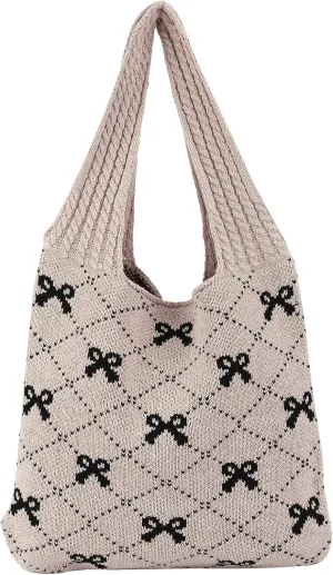 Crochet Tote Bag Y2k Bow Purse for Women Coquette Aesthetic Hobo Bag Cute Shoulder Handbag Knitted Tote Bow Printed Bag