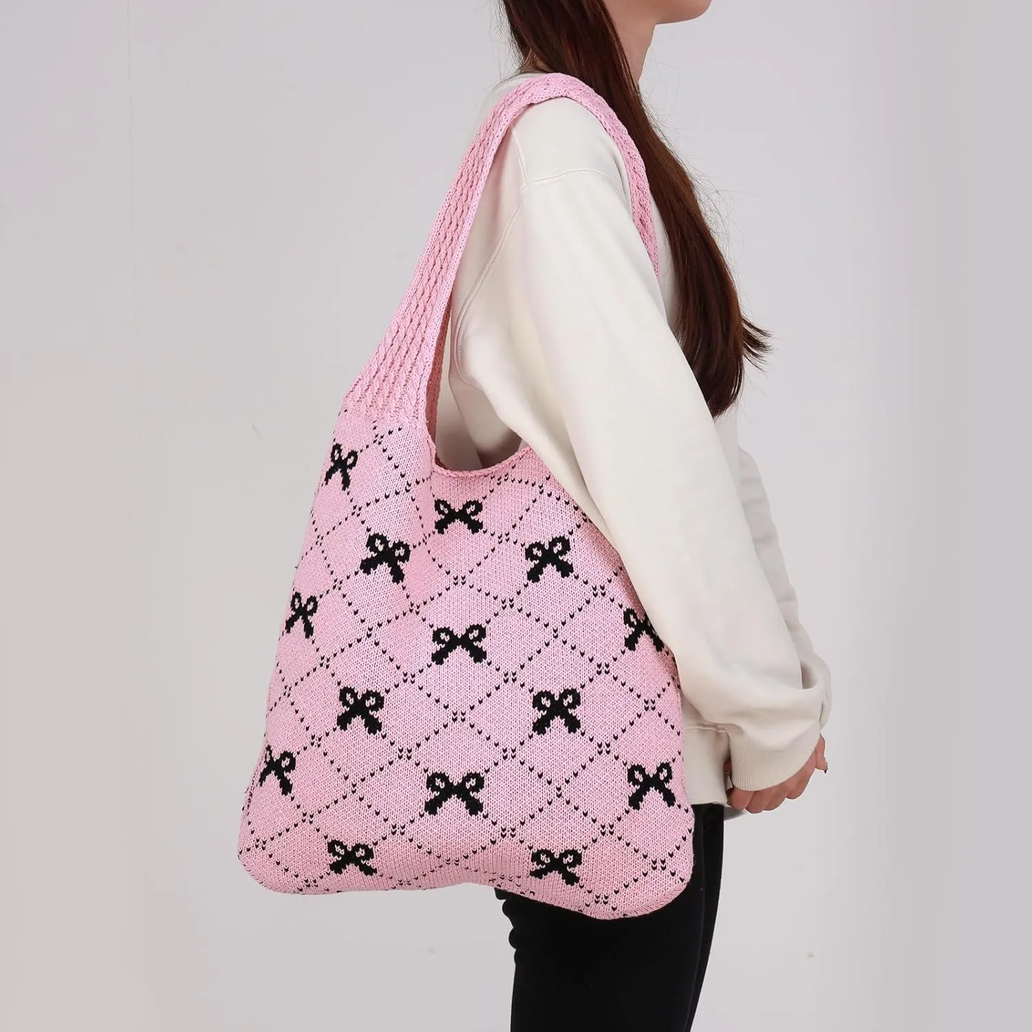 Crochet Tote Bag Y2k Bow Purse for Women Coquette Aesthetic Hobo Bag Cute Shoulder Handbag Knitted Tote Bow Printed Bag