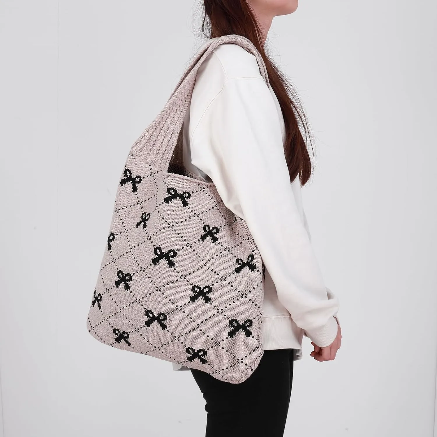 Crochet Tote Bag Y2k Bow Purse for Women Coquette Aesthetic Hobo Bag Cute Shoulder Handbag Knitted Tote Bow Printed Bag