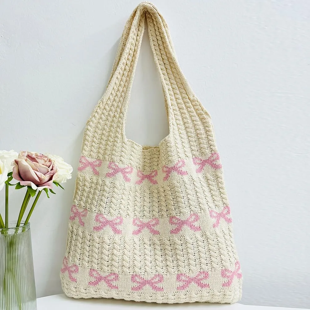 Crochet Tote Bag Y2k Bow Purse for Women Coquette Aesthetic Hobo Bag Cute Shoulder Handbag Knitted Tote Bow Printed Bag