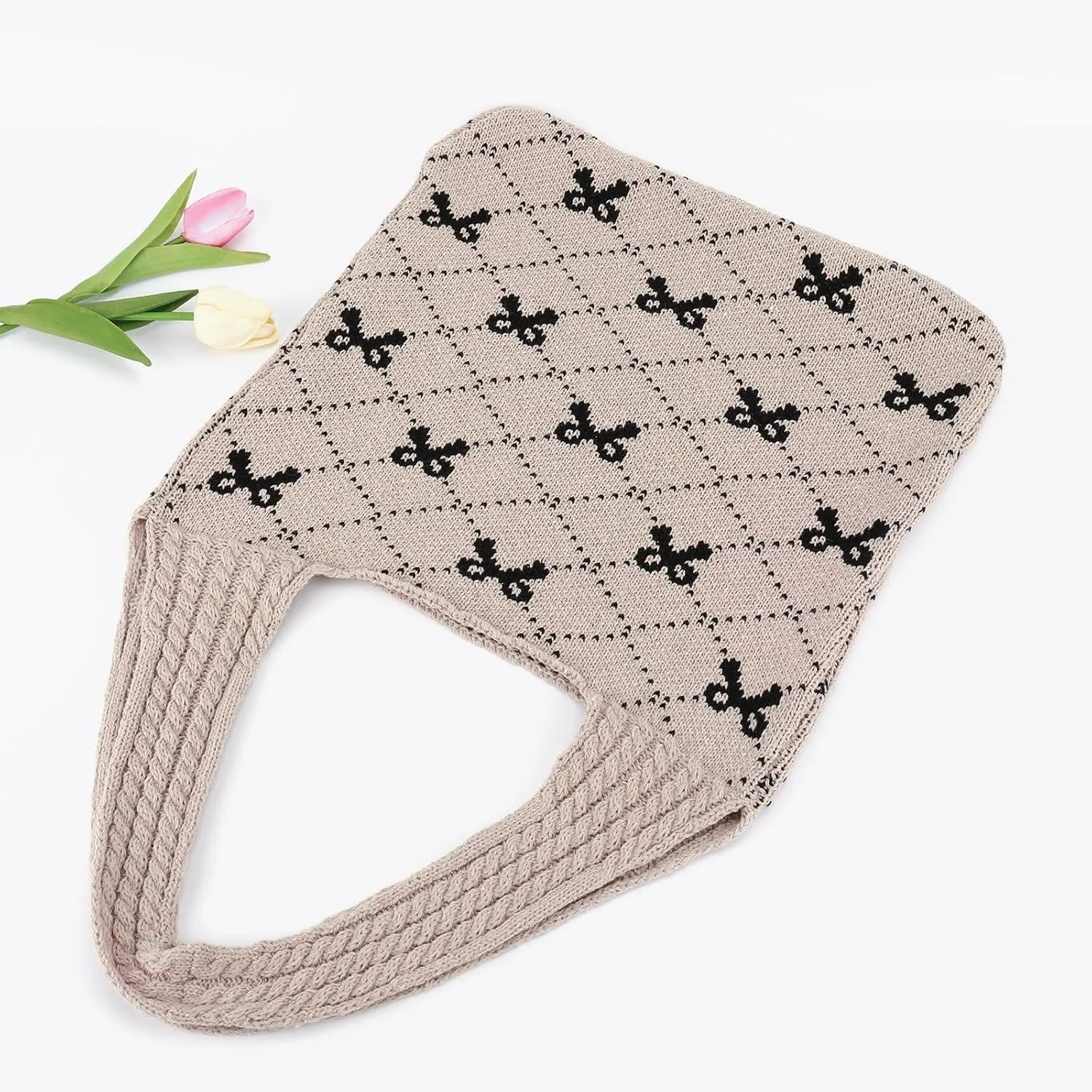 Crochet Tote Bag Y2k Bow Purse for Women Coquette Aesthetic Hobo Bag Cute Shoulder Handbag Knitted Tote Bow Printed Bag