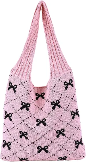 Crochet Tote Bag Y2k Bow Purse for Women Coquette Aesthetic Hobo Bag Cute Shoulder Handbag Knitted Tote Bow Printed Bag