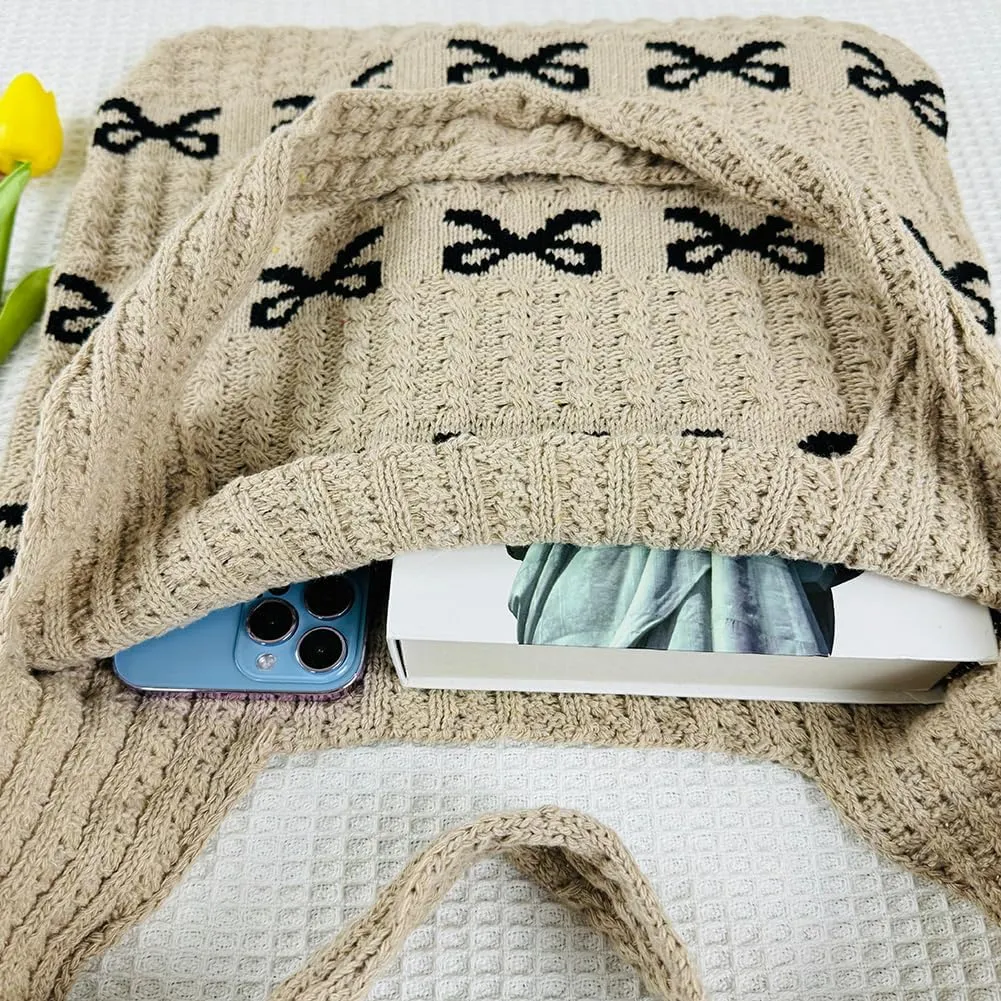 Crochet Tote Bag Y2k Bow Purse for Women Coquette Aesthetic Hobo Bag Cute Shoulder Handbag Knitted Tote Bow Printed Bag