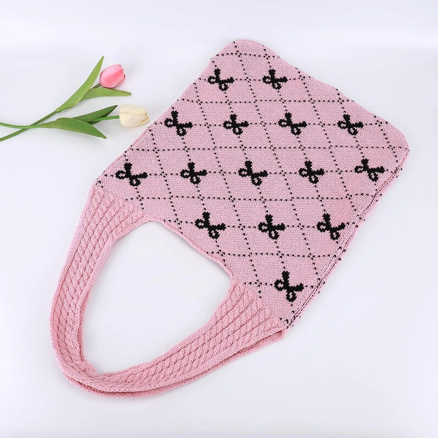 Crochet Tote Bag Y2k Bow Purse for Women Coquette Aesthetic Hobo Bag Cute Shoulder Handbag Knitted Tote Bow Printed Bag