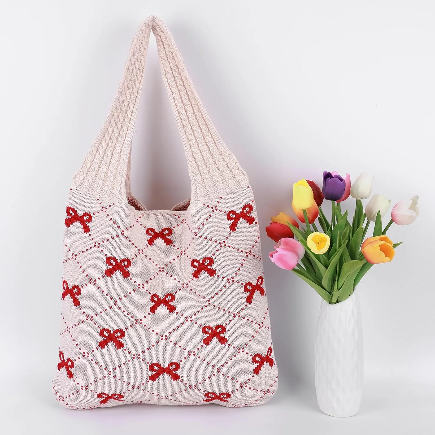 Crochet Tote Bag Y2k Bow Purse for Women Coquette Aesthetic Hobo Bag Cute Shoulder Handbag Knitted Tote Bow Printed Bag