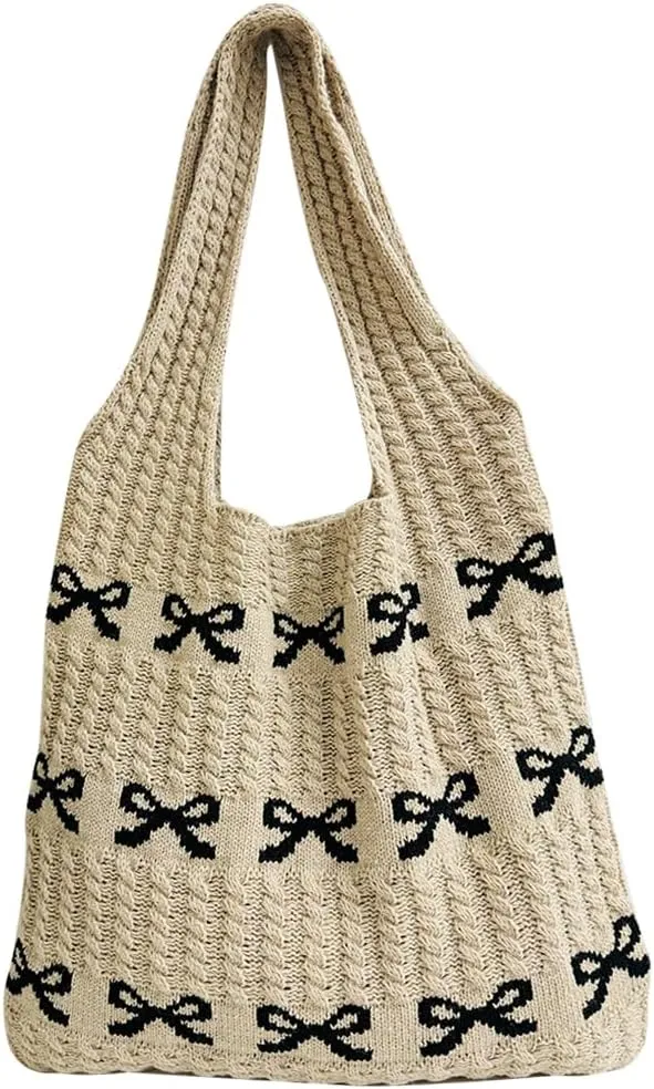Crochet Tote Bag Y2k Bow Purse for Women Coquette Aesthetic Hobo Bag Cute Shoulder Handbag Knitted Tote Bow Printed Bag
