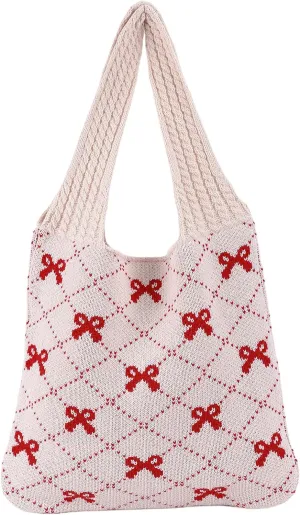 Crochet Tote Bag Y2k Bow Purse for Women Coquette Aesthetic Hobo Bag Cute Shoulder Handbag Knitted Tote Bow Printed Bag