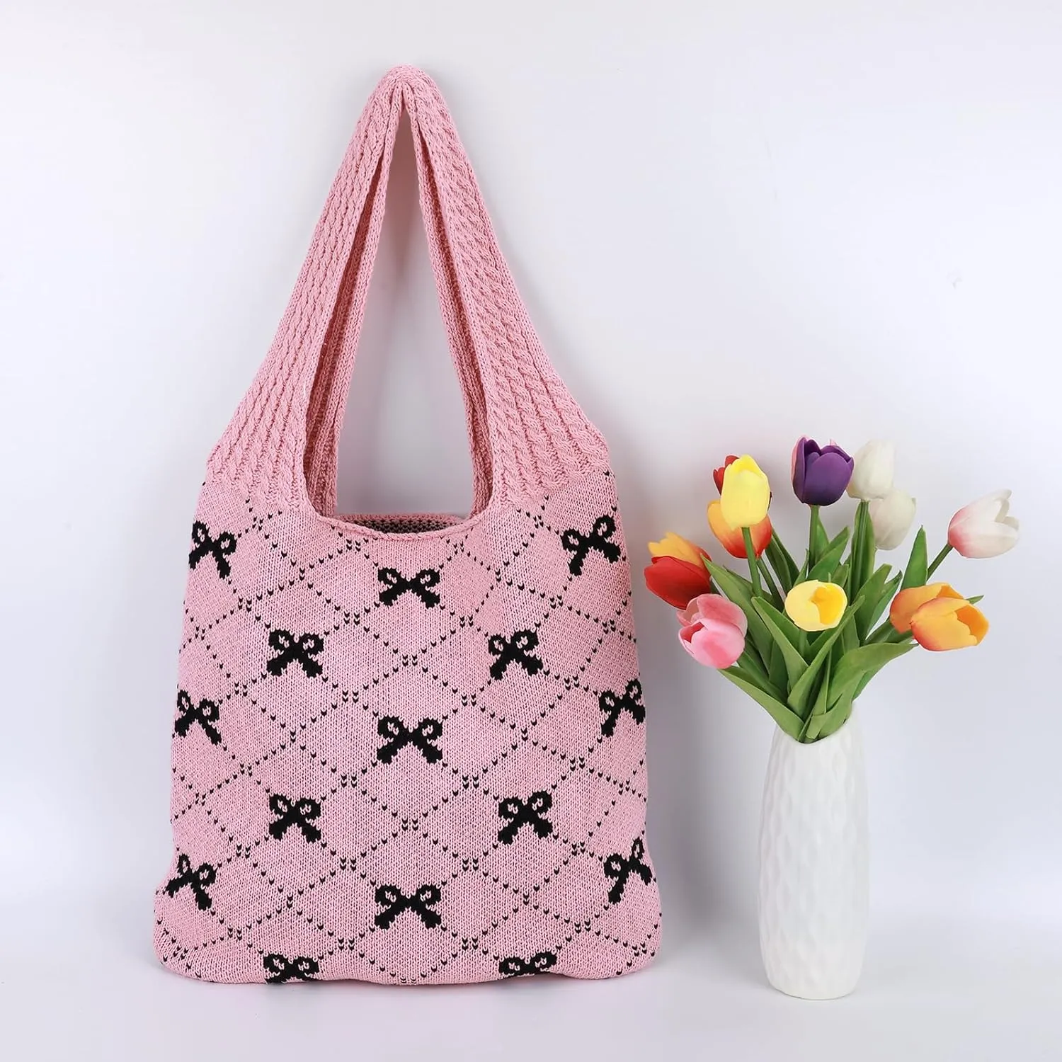 Crochet Tote Bag Y2k Bow Purse for Women Coquette Aesthetic Hobo Bag Cute Shoulder Handbag Knitted Tote Bow Printed Bag