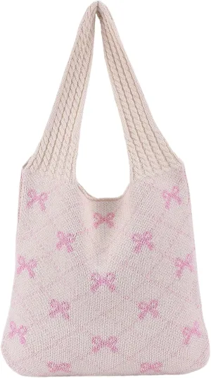 Crochet Tote Bag Y2k Bow Purse for Women Coquette Aesthetic Hobo Bag Cute Shoulder Handbag Knitted Tote Bow Printed Bag