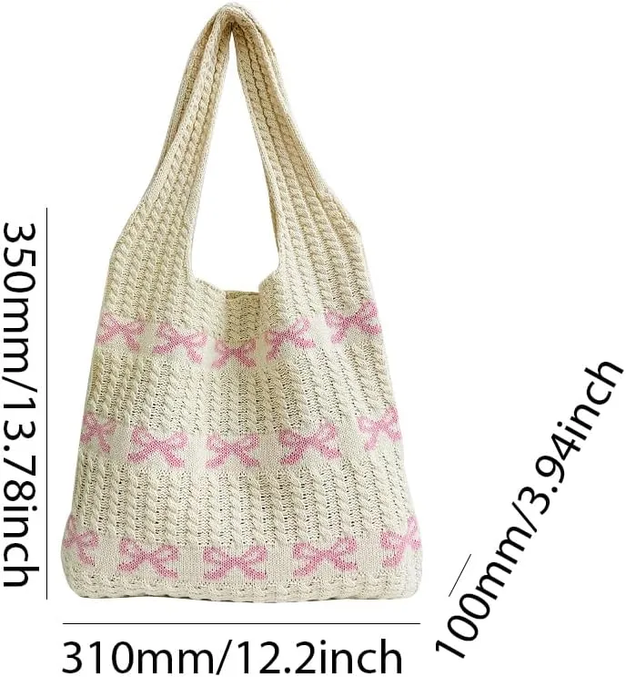 Crochet Tote Bag Y2k Bow Purse for Women Coquette Aesthetic Hobo Bag Cute Shoulder Handbag Knitted Tote Bow Printed Bag