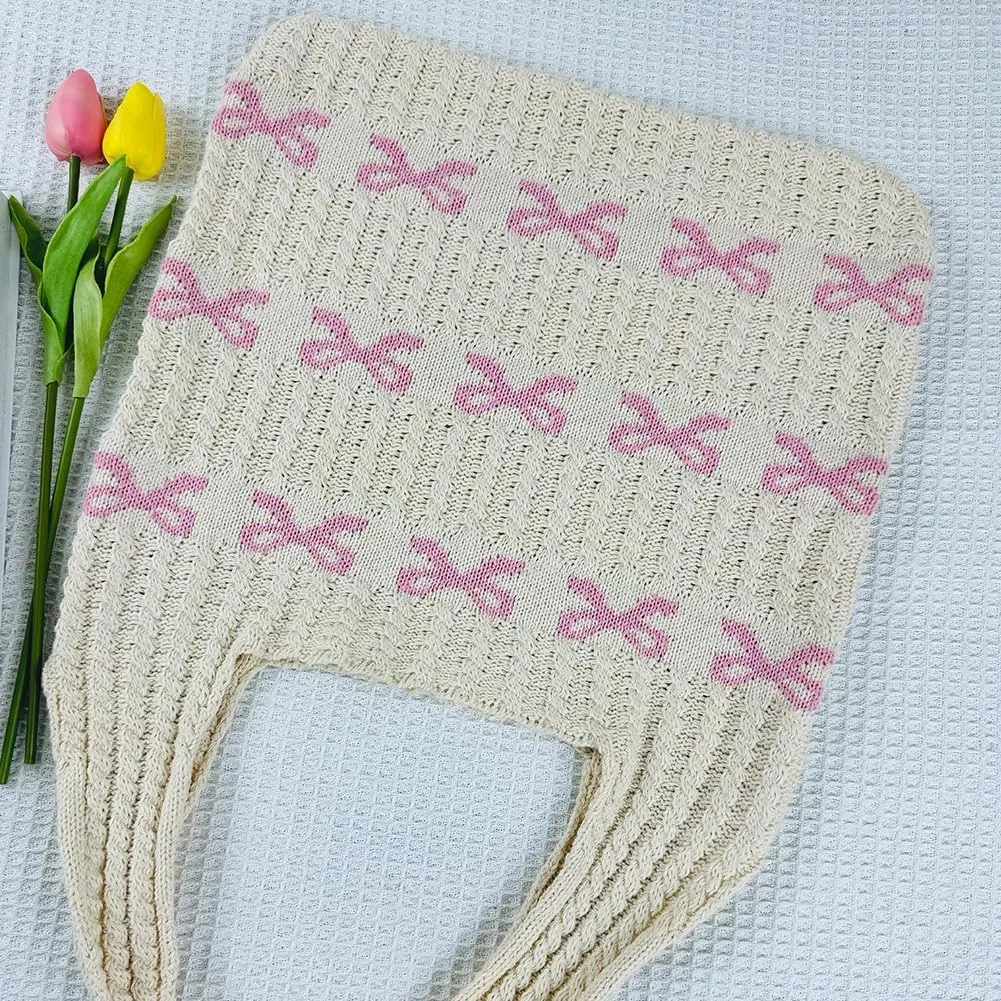 Crochet Tote Bag Y2k Bow Purse for Women Coquette Aesthetic Hobo Bag Cute Shoulder Handbag Knitted Tote Bow Printed Bag