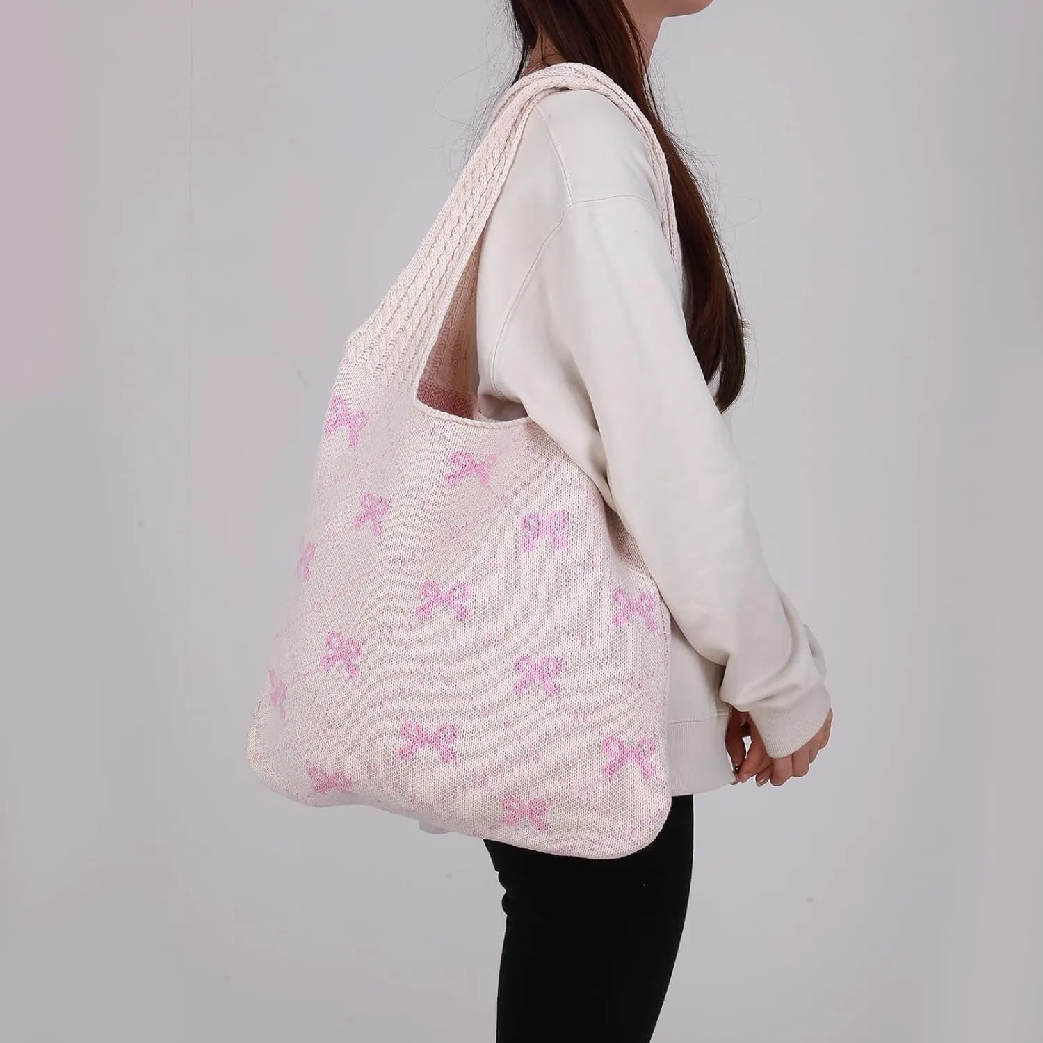 Crochet Tote Bag Y2k Bow Purse for Women Coquette Aesthetic Hobo Bag Cute Shoulder Handbag Knitted Tote Bow Printed Bag