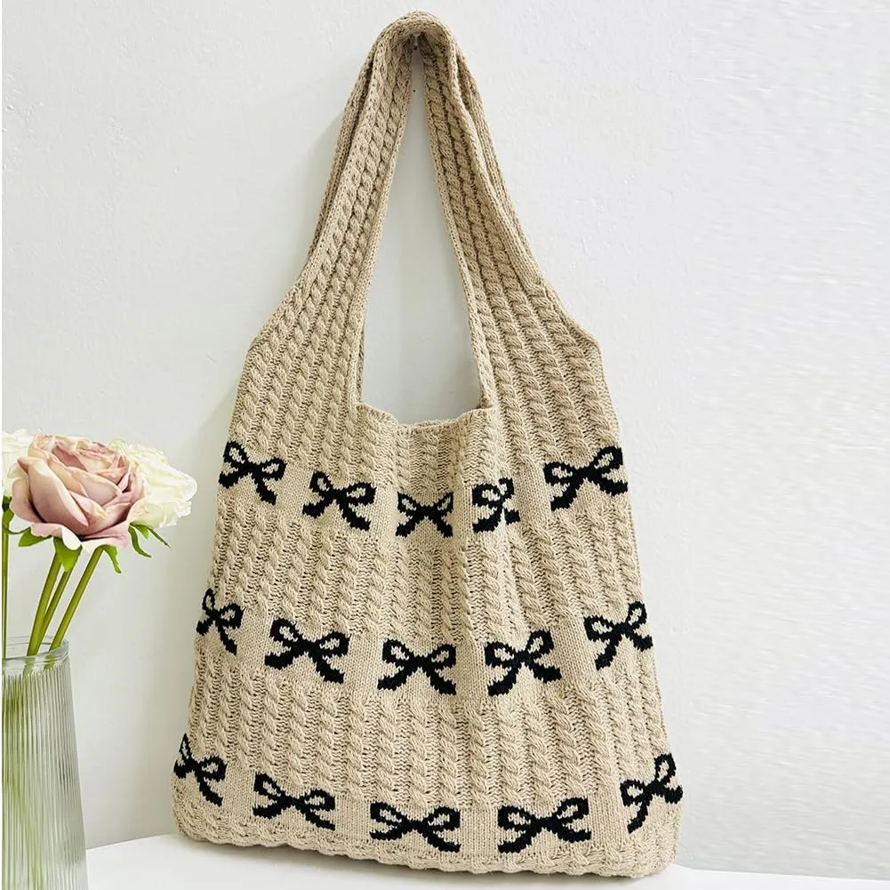 Crochet Tote Bag Y2k Bow Purse for Women Coquette Aesthetic Hobo Bag Cute Shoulder Handbag Knitted Tote Bow Printed Bag