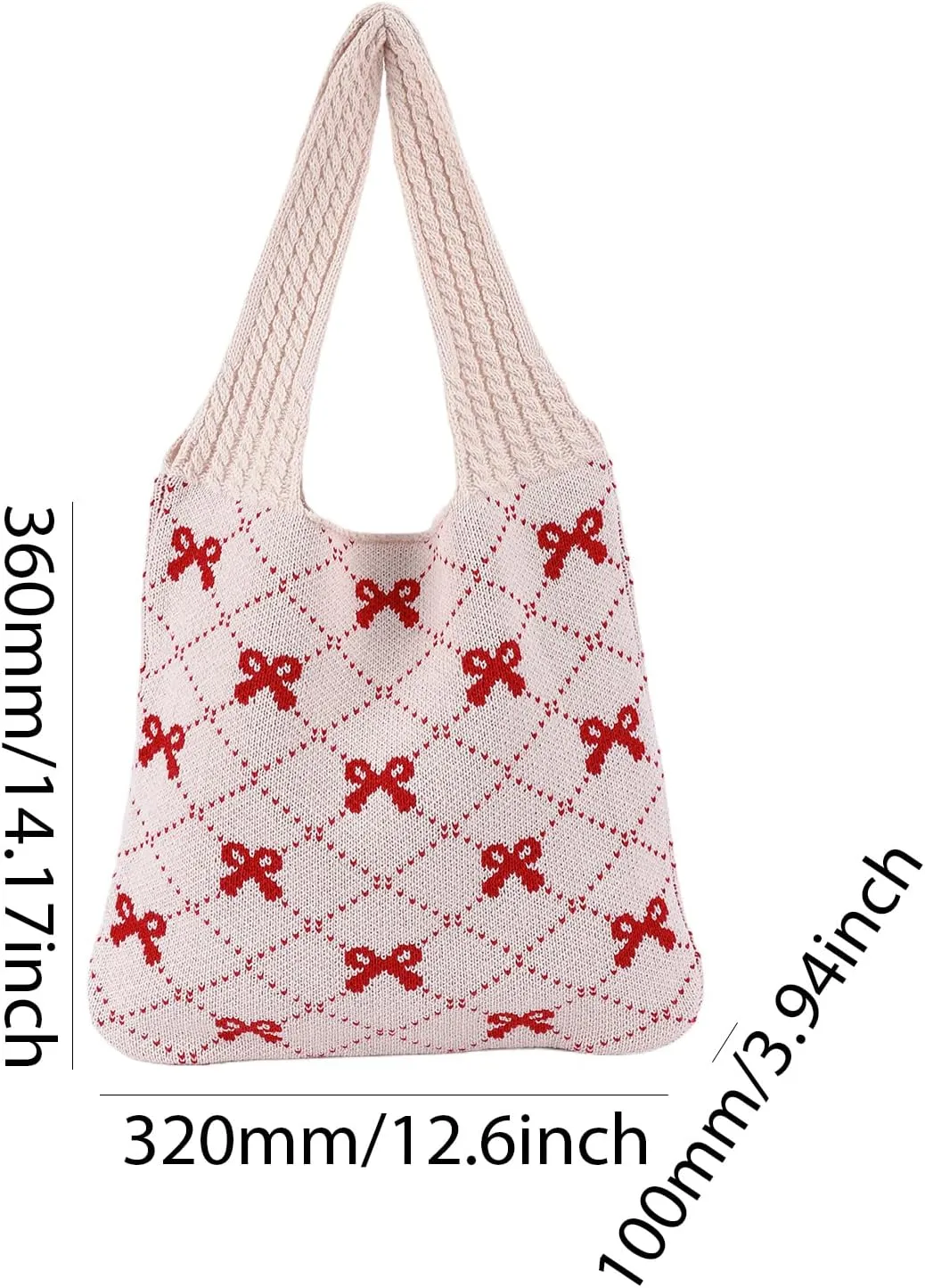 Crochet Tote Bag Y2k Bow Purse for Women Coquette Aesthetic Hobo Bag Cute Shoulder Handbag Knitted Tote Bow Printed Bag