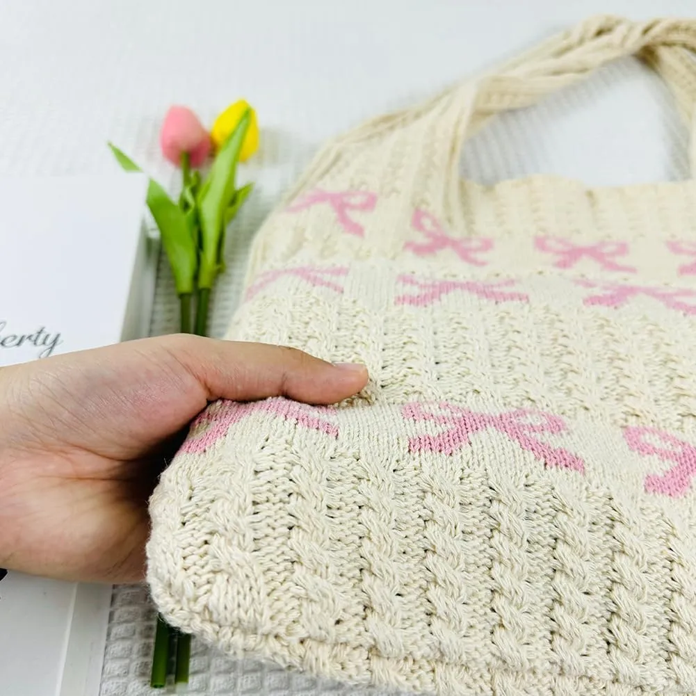 Crochet Tote Bag Y2k Bow Purse for Women Coquette Aesthetic Hobo Bag Cute Shoulder Handbag Knitted Tote Bow Printed Bag