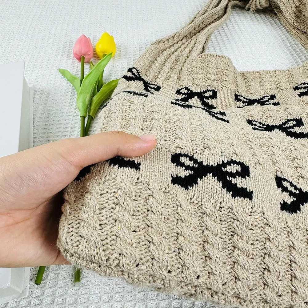 Crochet Tote Bag Y2k Bow Purse for Women Coquette Aesthetic Hobo Bag Cute Shoulder Handbag Knitted Tote Bow Printed Bag