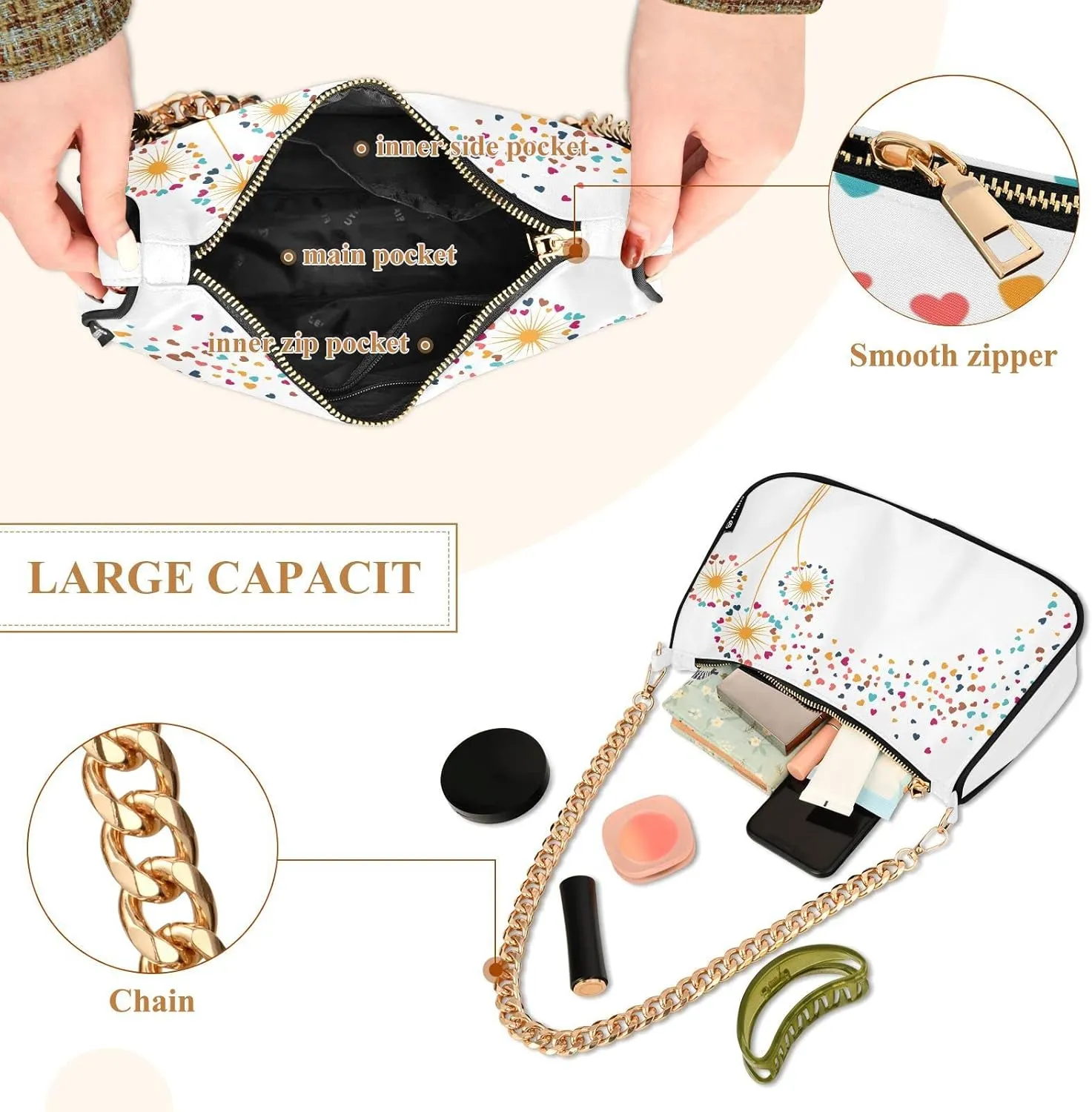 Cross Body Bag Geometric Pattern with Hearts Tote Bag Chain Bag Shoulder Bag Handbag Purse for Women