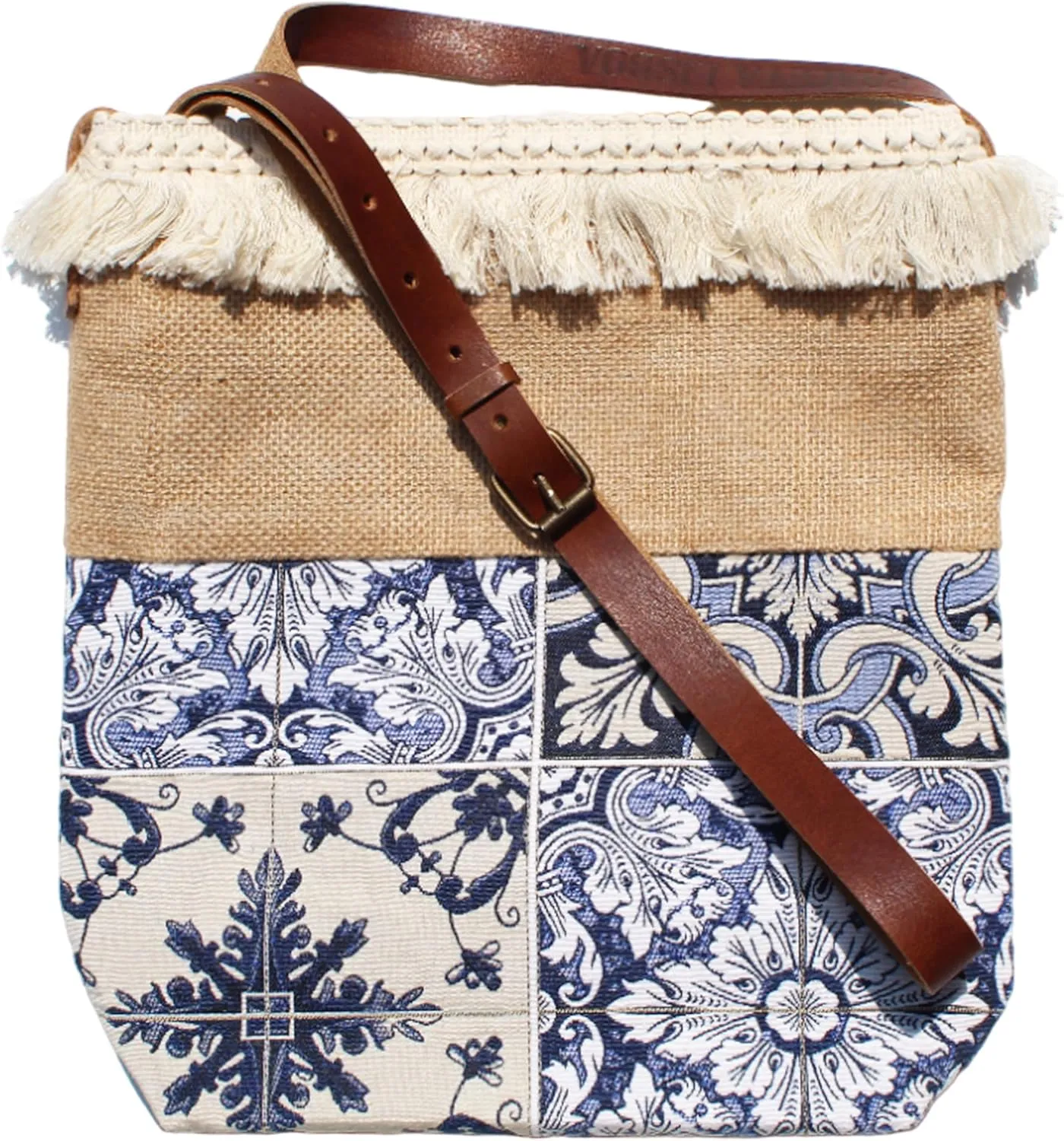 Crossbody Bag with Blue Azulejo Tile Design, Fringe Trim, Adjustable Strap, Burlap Top, Versatile Shoulder Bag - Made in Portugal