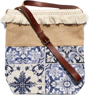 Crossbody Bag with Blue Azulejo Tile Design, Fringe Trim, Adjustable Strap, Burlap Top, Versatile Shoulder Bag - Made in Portugal