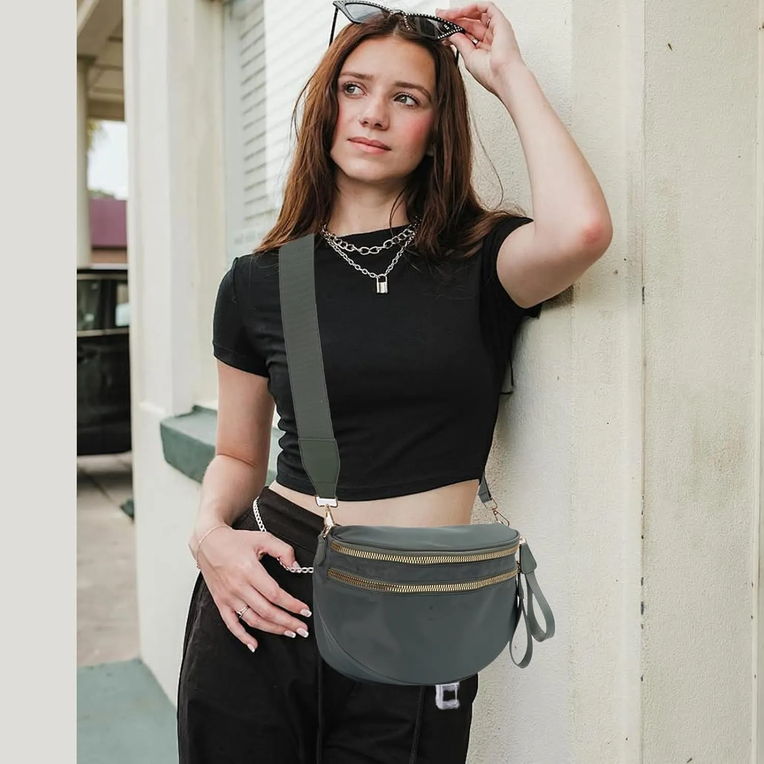 Crossbody Bags Bum Bag for Women Large Sling Bag Purse with Adjustable Strap（Bean green）