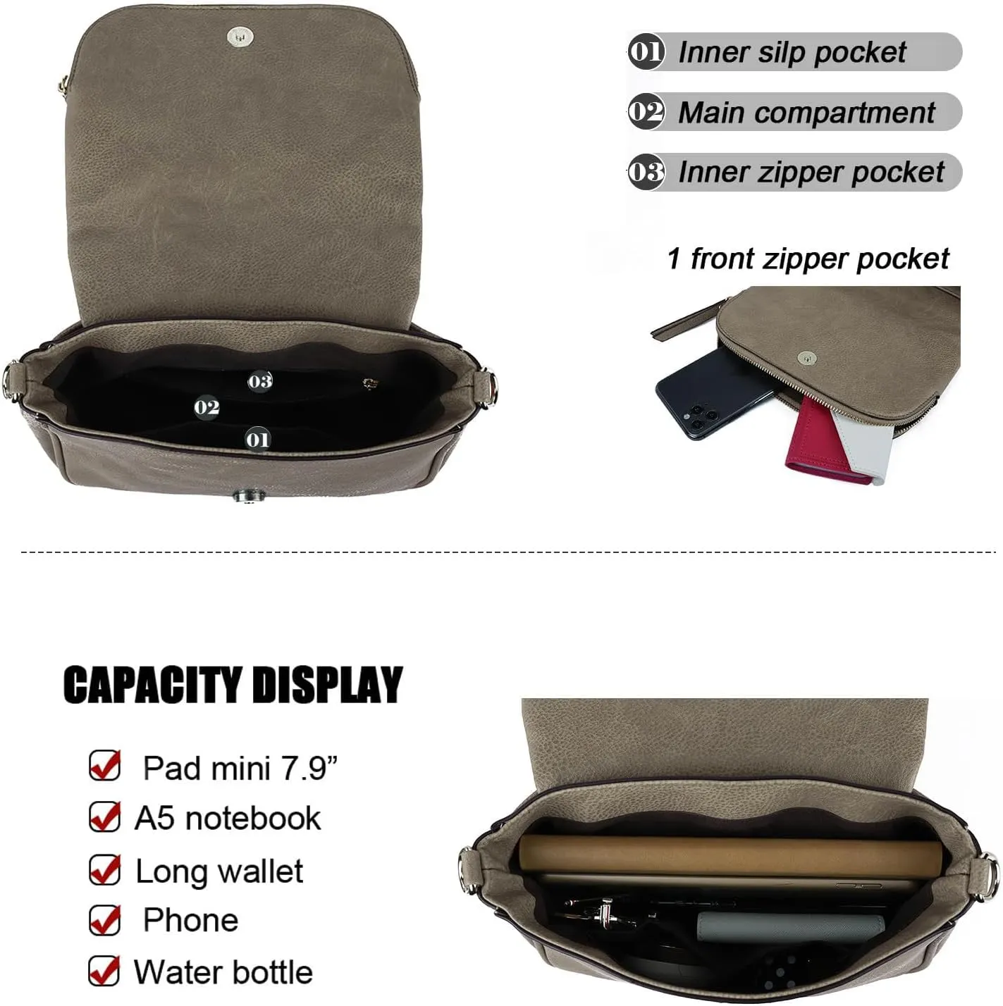 Crossbody Bags for Women Small Pu Leather Over the Shoulder Purses and Flap Cross Body Handbags with Multi Pockets
